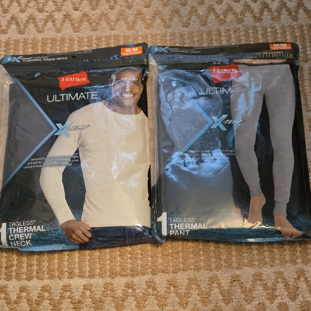 Hanes Ultimate Mens X-TEMP Black Waffle Thermal Set - crew neck and pant Medium